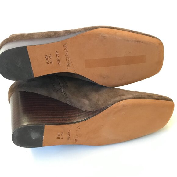 Vince Andy Suede Wedge Ankle Booties Boots Womens 37 7 Brown Square Toe Side Zip - Picture 7 of 9